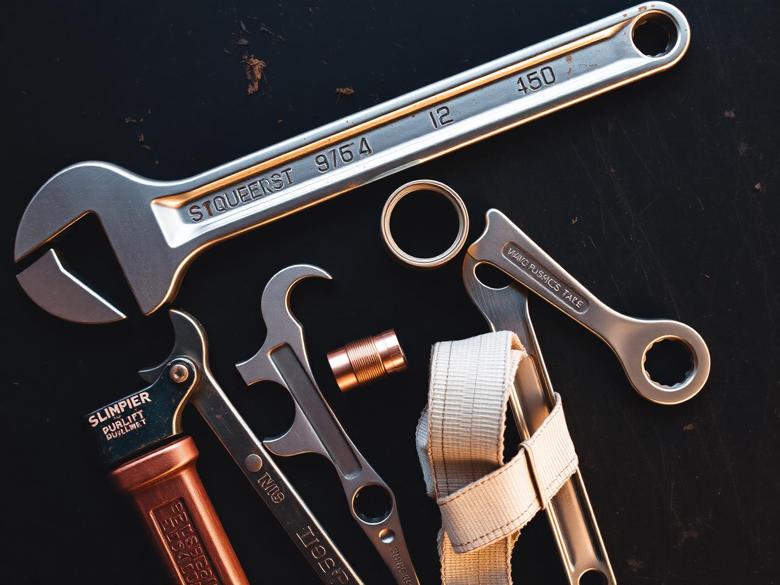 Well-worn plumbing tools flat-lay with a copper fitting